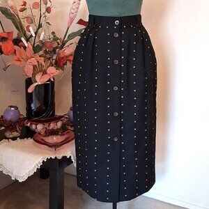 Vintage Mondi Black Green High Waist Wool Midi VTG Skirt